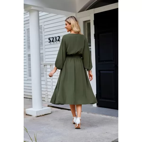 imageGRACE KARIN Womens Casual Dresses Batwing 34 Sleeve Elegant Wedding Guest Dress Fall Midi Dress with PocketsArmy Green