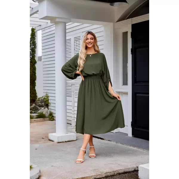 imageGRACE KARIN Womens Casual Dresses Batwing 34 Sleeve Elegant Wedding Guest Dress Fall Midi Dress with PocketsArmy Green