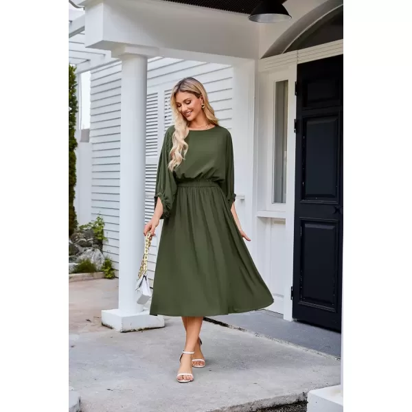 imageGRACE KARIN Womens Casual Dresses Batwing 34 Sleeve Elegant Wedding Guest Dress Fall Midi Dress with PocketsArmy Green