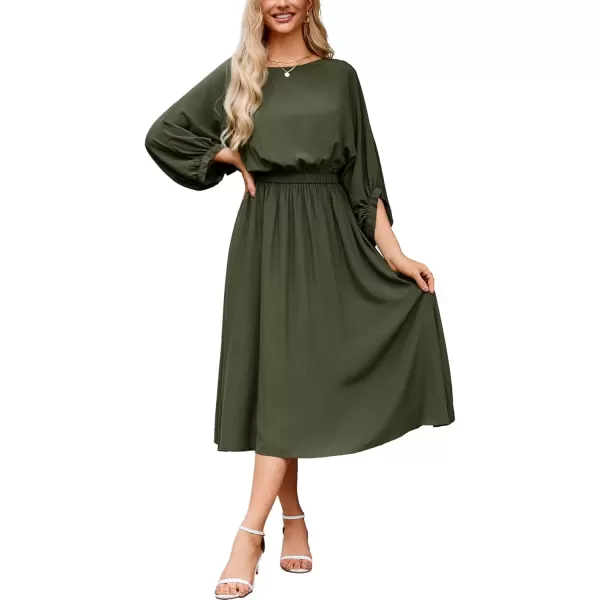 imageGRACE KARIN Womens Casual Dresses Batwing 34 Sleeve Elegant Wedding Guest Dress Fall Midi Dress with PocketsArmy Green