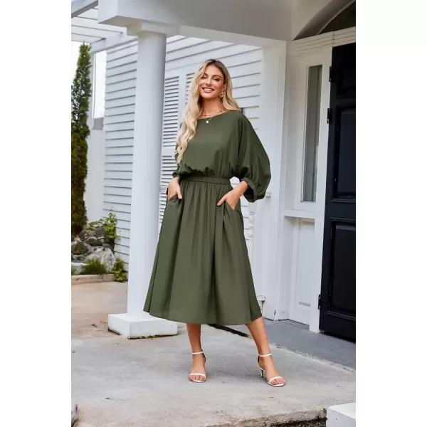 imageGRACE KARIN Womens Casual Dresses Batwing 34 Sleeve Elegant Wedding Guest Dress Fall Midi Dress with PocketsArmy Green