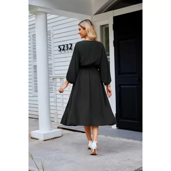 imageGRACE KARIN Womens Casual Dresses Batwing 34 Sleeve Elegant Wedding Guest Dress Fall Midi Dress with PocketsBlack