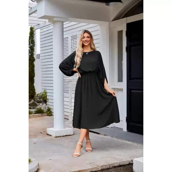 imageGRACE KARIN Womens Casual Dresses Batwing 34 Sleeve Elegant Wedding Guest Dress Fall Midi Dress with PocketsBlack