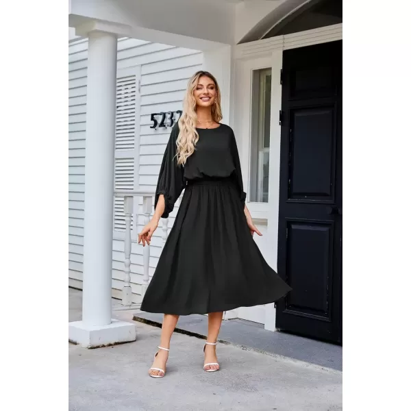 imageGRACE KARIN Womens Casual Dresses Batwing 34 Sleeve Elegant Wedding Guest Dress Fall Midi Dress with PocketsBlack