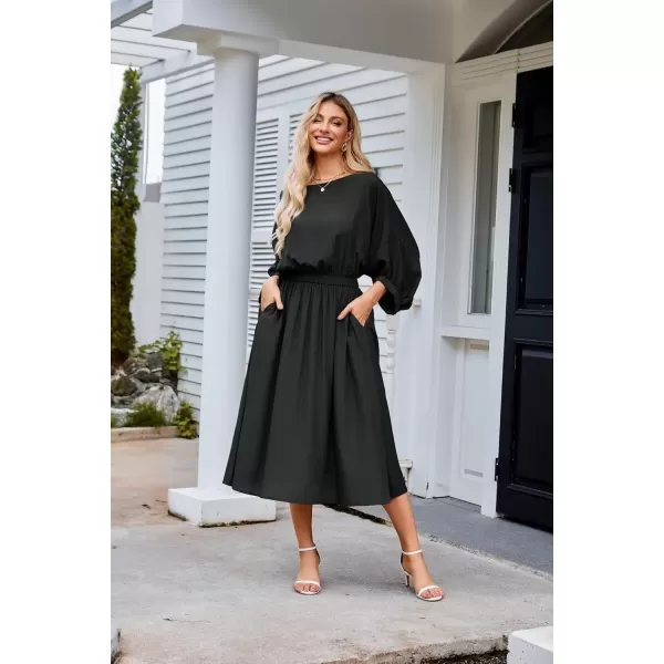 imageGRACE KARIN Womens Casual Dresses Batwing 34 Sleeve Elegant Wedding Guest Dress Fall Midi Dress with PocketsBlack