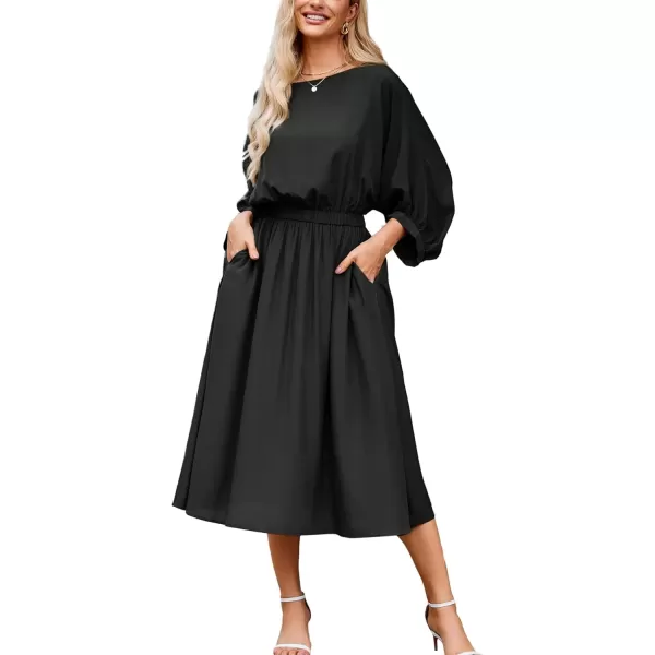 imageGRACE KARIN Womens Casual Dresses Batwing 34 Sleeve Elegant Wedding Guest Dress Fall Midi Dress with PocketsBlack