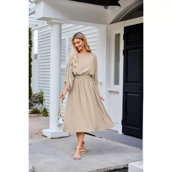 imageGRACE KARIN Womens Casual Dresses Batwing 34 Sleeve Elegant Wedding Guest Dress Fall Midi Dress with PocketsBrown