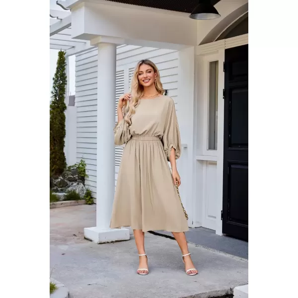 imageGRACE KARIN Womens Casual Dresses Batwing 34 Sleeve Elegant Wedding Guest Dress Fall Midi Dress with PocketsBrown