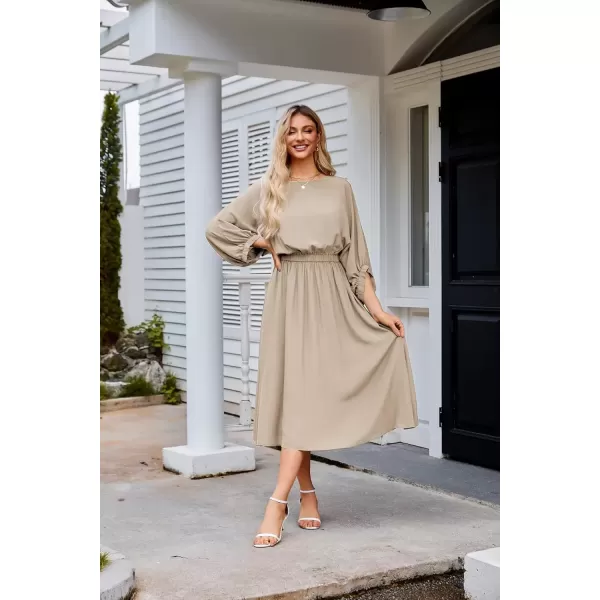 imageGRACE KARIN Womens Casual Dresses Batwing 34 Sleeve Elegant Wedding Guest Dress Fall Midi Dress with PocketsBrown