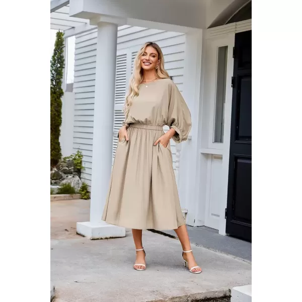 imageGRACE KARIN Womens Casual Dresses Batwing 34 Sleeve Elegant Wedding Guest Dress Fall Midi Dress with PocketsBrown