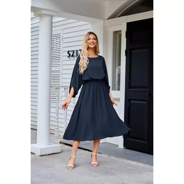 imageGRACE KARIN Womens Casual Dresses Batwing 34 Sleeve Elegant Wedding Guest Dress Fall Midi Dress with PocketsNavy Blue