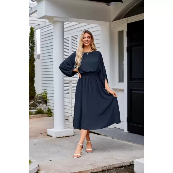 imageGRACE KARIN Womens Casual Dresses Batwing 34 Sleeve Elegant Wedding Guest Dress Fall Midi Dress with PocketsNavy Blue