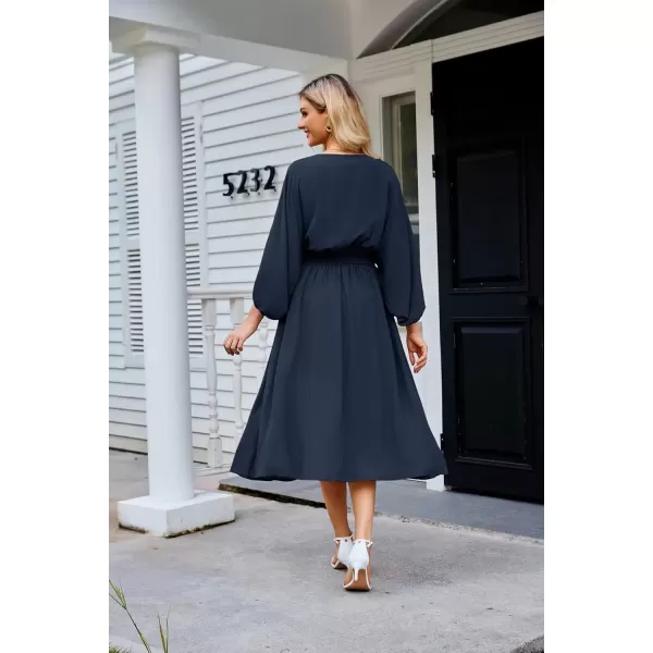 imageGRACE KARIN Womens Casual Dresses Batwing 34 Sleeve Elegant Wedding Guest Dress Fall Midi Dress with PocketsNavy Blue