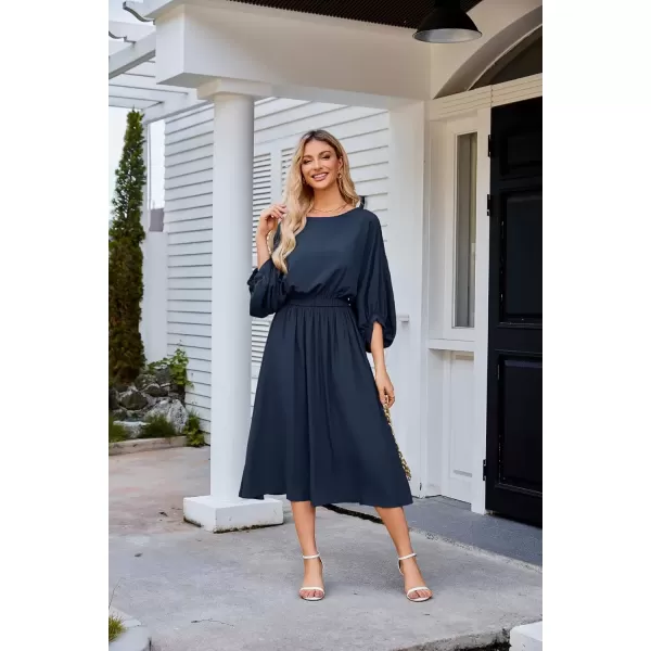 imageGRACE KARIN Womens Casual Dresses Batwing 34 Sleeve Elegant Wedding Guest Dress Fall Midi Dress with PocketsNavy Blue