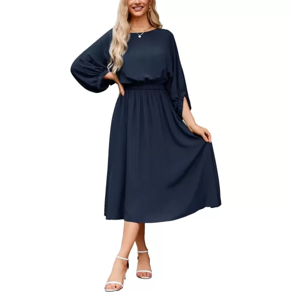 imageGRACE KARIN Womens Casual Dresses Batwing 34 Sleeve Elegant Wedding Guest Dress Fall Midi Dress with PocketsNavy Blue