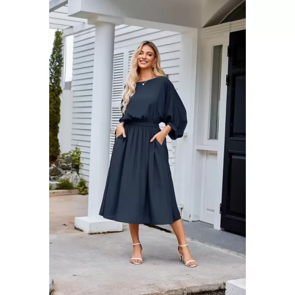 imageGRACE KARIN Womens Casual Dresses Batwing 34 Sleeve Elegant Wedding Guest Dress Fall Midi Dress with PocketsNavy Blue