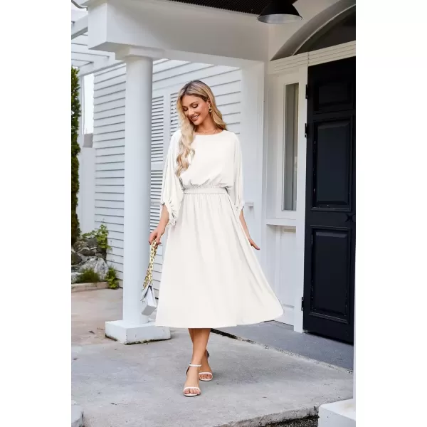 imageGRACE KARIN Womens Casual Dresses Batwing 34 Sleeve Elegant Wedding Guest Dress Fall Midi Dress with PocketsWhite