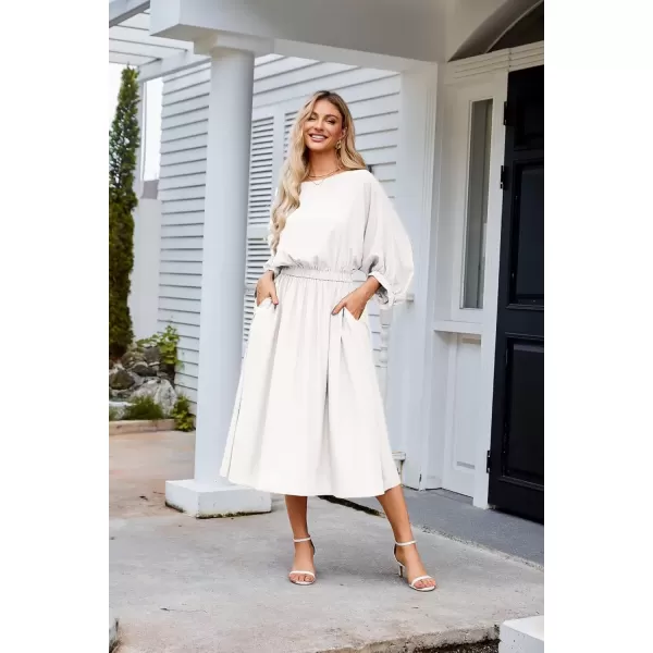 imageGRACE KARIN Womens Casual Dresses Batwing 34 Sleeve Elegant Wedding Guest Dress Fall Midi Dress with PocketsWhite