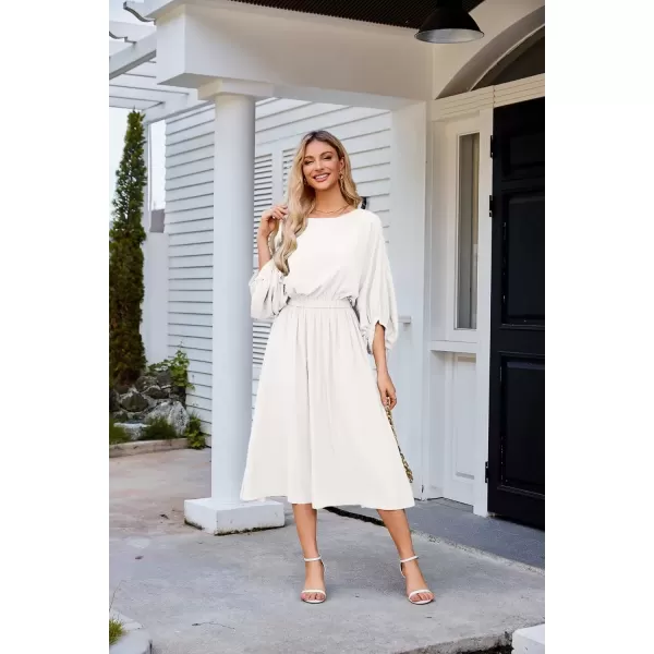 imageGRACE KARIN Womens Casual Dresses Batwing 34 Sleeve Elegant Wedding Guest Dress Fall Midi Dress with PocketsWhite