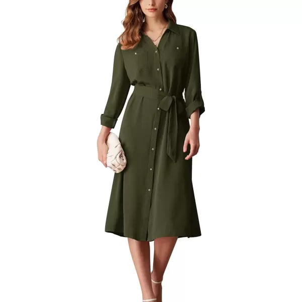 imageGRACE KARIN Womens Long Sleeve Button Down Shirt Dress Casual Loose Tie Waist Adjustable Sleeve Length Midi DressesArmy Green