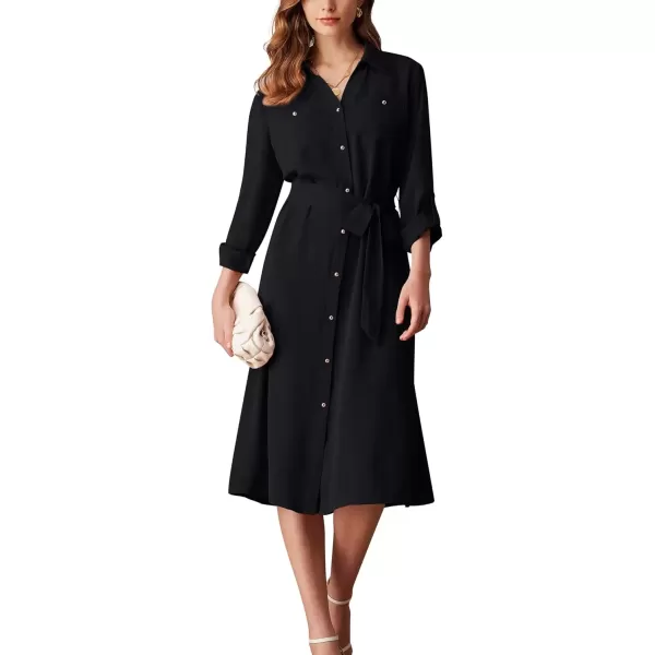 imageGRACE KARIN Womens Long Sleeve Button Down Shirt Dress Casual Loose Tie Waist Adjustable Sleeve Length Midi DressesBlack