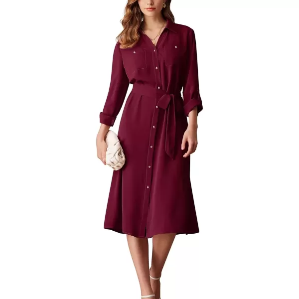 imageGRACE KARIN Womens Long Sleeve Button Down Shirt Dress Casual Loose Tie Waist Adjustable Sleeve Length Midi DressesBurgundy