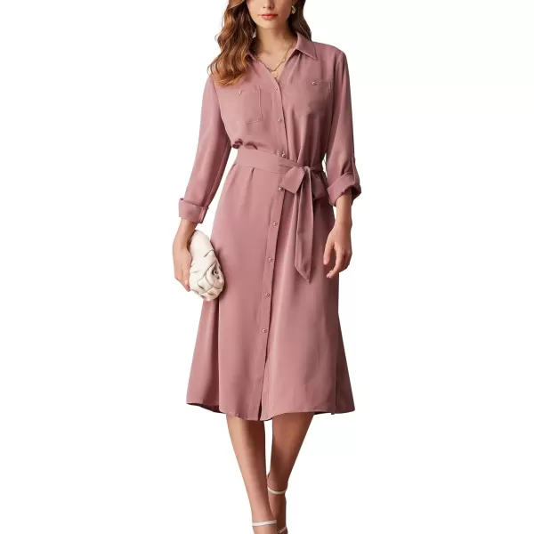 imageGRACE KARIN Womens Long Sleeve Button Down Shirt Dress Casual Loose Tie Waist Adjustable Sleeve Length Midi DressesGreyish Pink