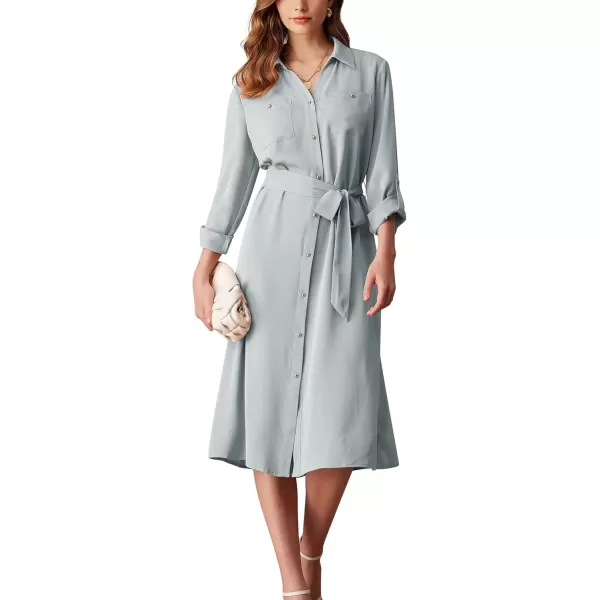 imageGRACE KARIN Womens Long Sleeve Button Down Shirt Dress Casual Loose Tie Waist Adjustable Sleeve Length Midi DressesLight Gray