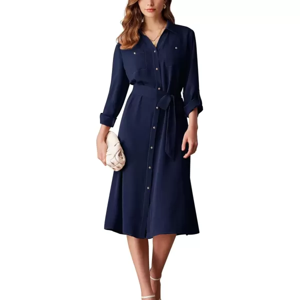 imageGRACE KARIN Womens Long Sleeve Button Down Shirt Dress Casual Loose Tie Waist Adjustable Sleeve Length Midi DressesNavy Blue