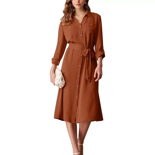 imageGRACE KARIN Womens Long Sleeve Button Down Shirt Dress Casual Loose Tie Waist Adjustable Sleeve Length Midi DressesOrange Red