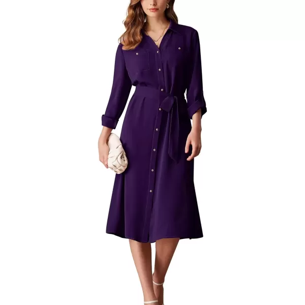 imageGRACE KARIN Womens Long Sleeve Button Down Shirt Dress Casual Loose Tie Waist Adjustable Sleeve Length Midi DressesPurple