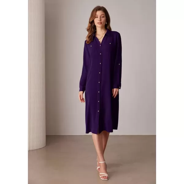 imageGRACE KARIN Womens Long Sleeve Button Down Shirt Dress Casual Loose Tie Waist Adjustable Sleeve Length Midi DressesPurple