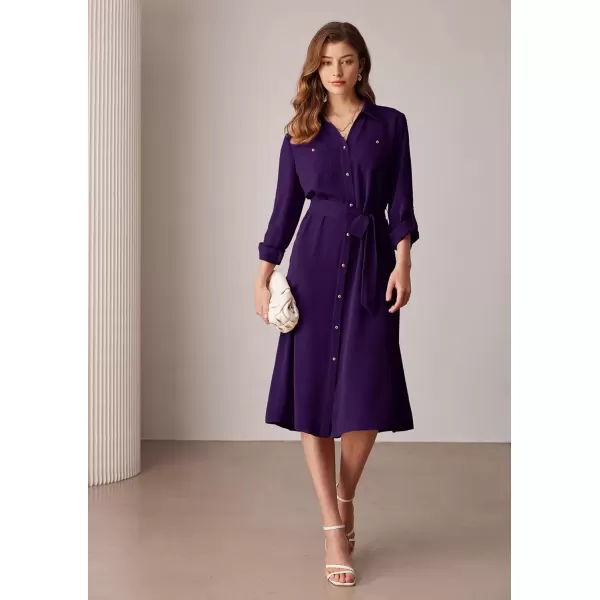 imageGRACE KARIN Womens Long Sleeve Button Down Shirt Dress Casual Loose Tie Waist Adjustable Sleeve Length Midi DressesPurple