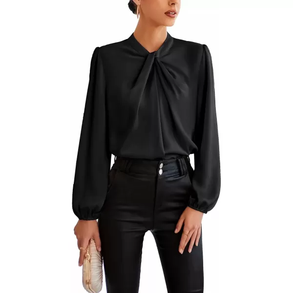 imageGRACE KARIN Womens Long Sleeve Shirts Mock Neck Casual Satin Blouse Tops for Business Office WorkBlack