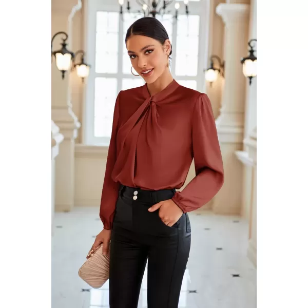 imageGRACE KARIN Womens Long Sleeve Shirts Mock Neck Casual Satin Blouse Tops for Business Office WorkBrick Red