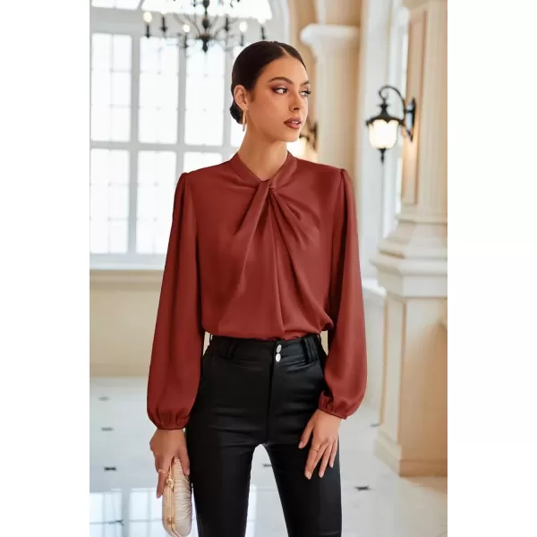 imageGRACE KARIN Womens Long Sleeve Shirts Mock Neck Casual Satin Blouse Tops for Business Office WorkBrick Red