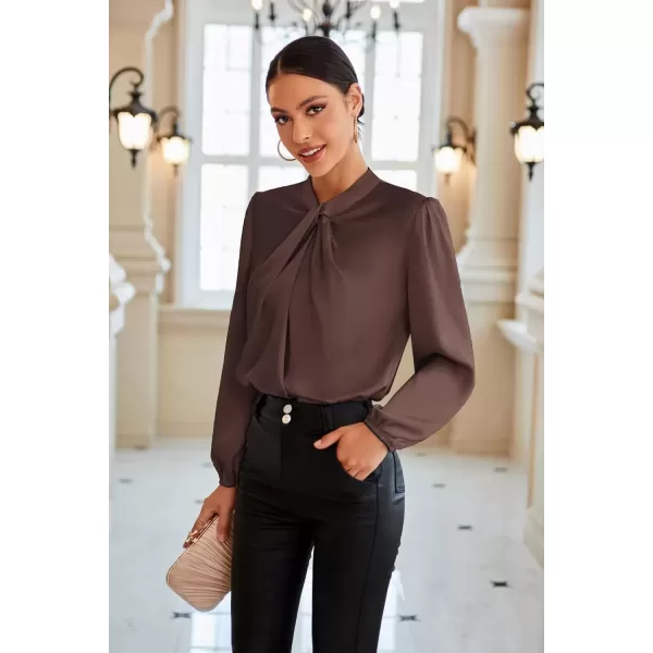 imageGRACE KARIN Womens Long Sleeve Shirts Mock Neck Casual Satin Blouse Tops for Business Office WorkBrown