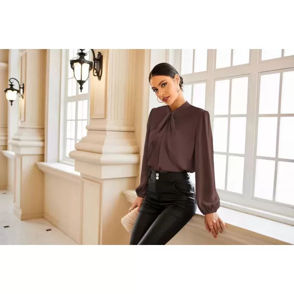 imageGRACE KARIN Womens Long Sleeve Shirts Mock Neck Casual Satin Blouse Tops for Business Office WorkBrown