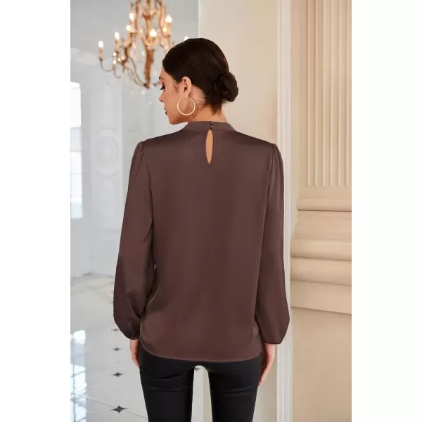 imageGRACE KARIN Womens Long Sleeve Shirts Mock Neck Casual Satin Blouse Tops for Business Office WorkBrown