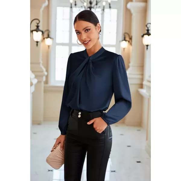 imageGRACE KARIN Womens Long Sleeve Shirts Mock Neck Casual Satin Blouse Tops for Business Office WorkNavy Blue