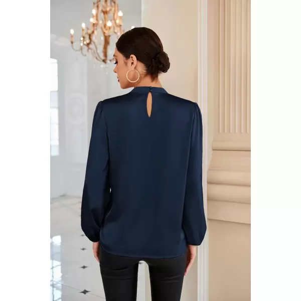 imageGRACE KARIN Womens Long Sleeve Shirts Mock Neck Casual Satin Blouse Tops for Business Office WorkNavy Blue