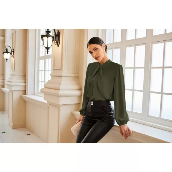 imageGRACE KARIN Womens Long Sleeve Shirts Mock Neck Casual Satin Blouse Tops for Business Office WorkOlive Green