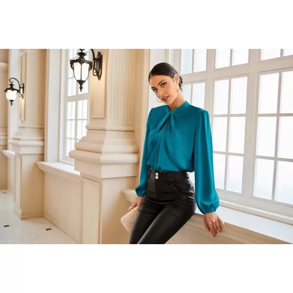 imageGRACE KARIN Womens Long Sleeve Shirts Mock Neck Casual Satin Blouse Tops for Business Office WorkPeacock Blue