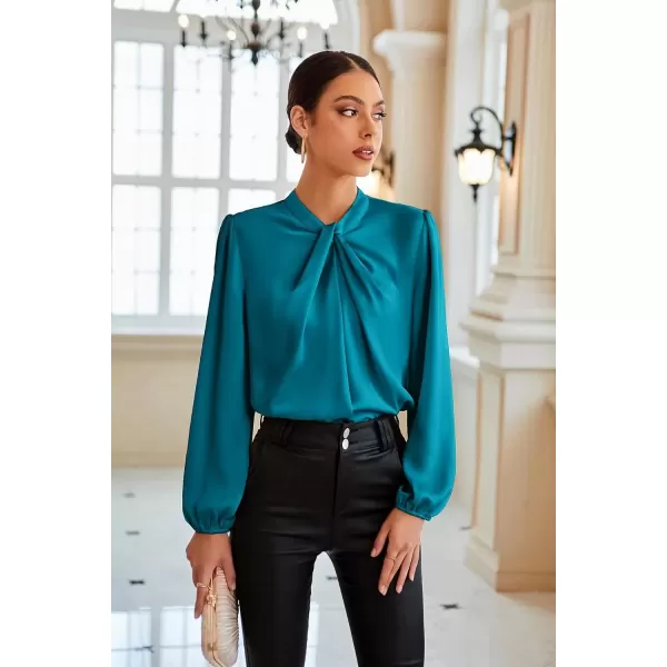 imageGRACE KARIN Womens Long Sleeve Shirts Mock Neck Casual Satin Blouse Tops for Business Office WorkPeacock Blue