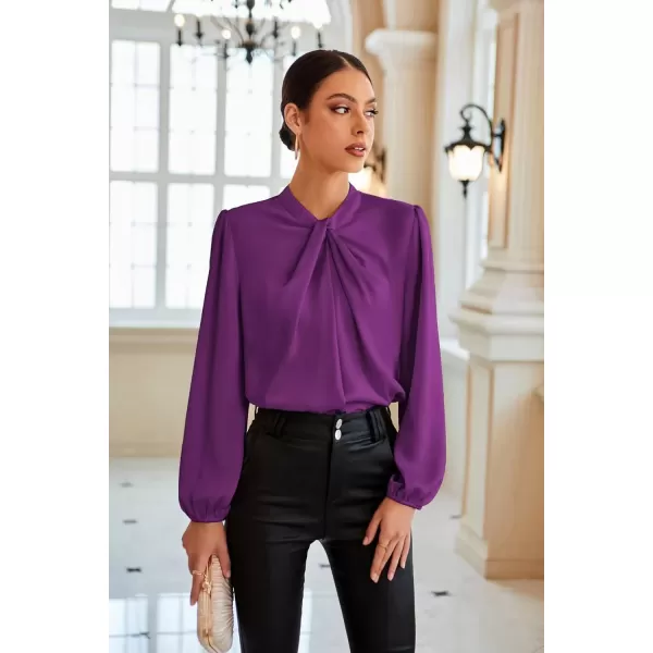 imageGRACE KARIN Womens Long Sleeve Shirts Mock Neck Casual Satin Blouse Tops for Business Office WorkPurple