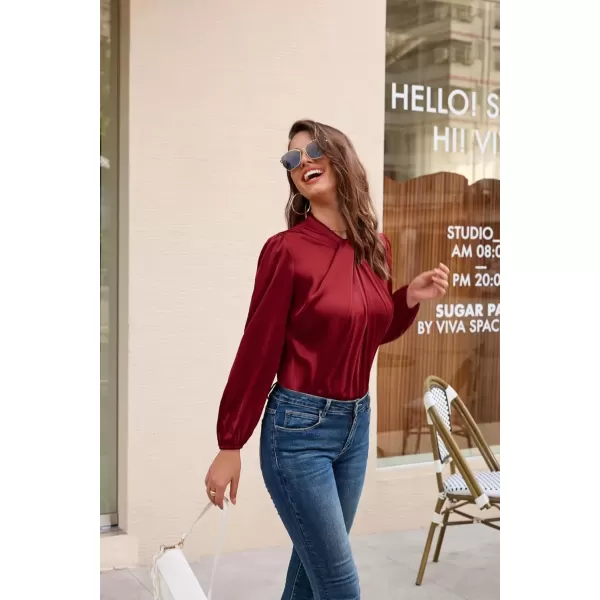 imageGRACE KARIN Womens Long Sleeve Shirts Mock Neck Casual Satin Blouse Tops for Business Office WorkWine Red