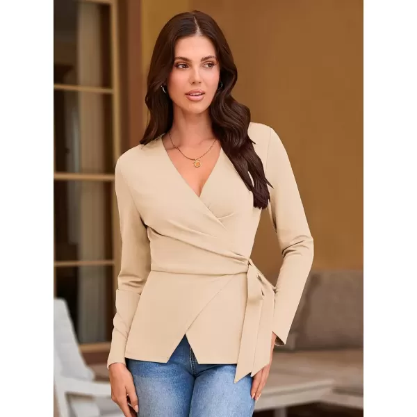 imageGRACE KARIN 2024 Womens Wrap V Neck Blouses Dressy Casual Long Sleeve Shirts Ruched Tie Front Wear to Work Peplum TopsApricot