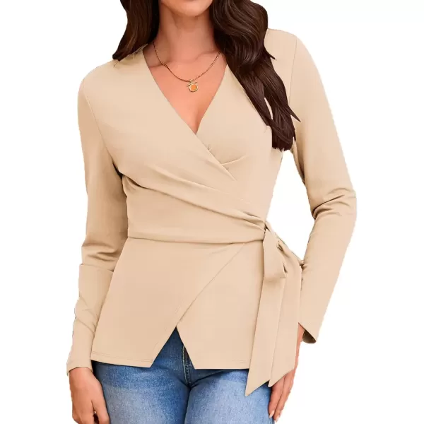 imageGRACE KARIN 2024 Womens Wrap V Neck Blouses Dressy Casual Long Sleeve Shirts Ruched Tie Front Wear to Work Peplum TopsApricot