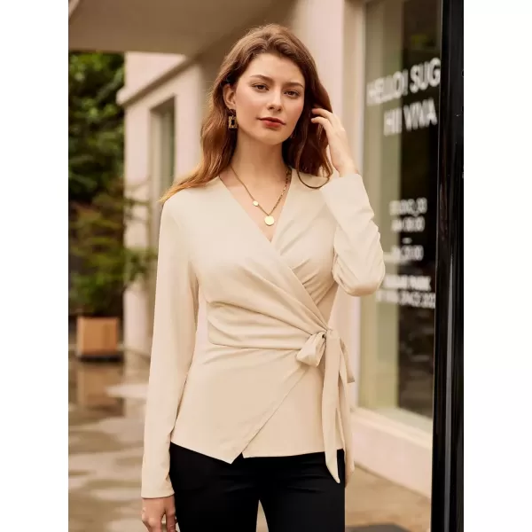 imageGRACE KARIN 2024 Womens Wrap V Neck Blouses Dressy Casual Long Sleeve Shirts Ruched Tie Front Wear to Work Peplum TopsApricot