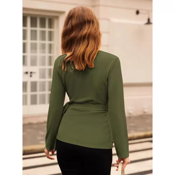 imageGRACE KARIN 2024 Womens Wrap V Neck Blouses Dressy Casual Long Sleeve Shirts Ruched Tie Front Wear to Work Peplum TopsArmy Green